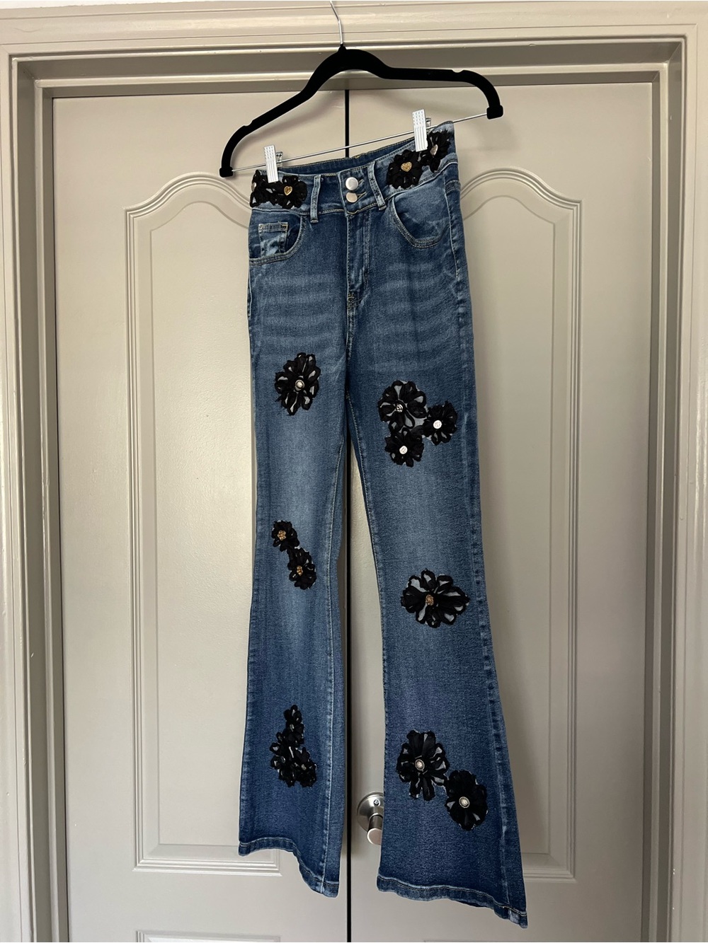 OOAK Romantic Boho Floral Appliqué Flare Jeans Lisa Skeels Original Small - Picture 2 of 8